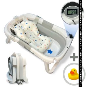 Bañera bebé plegable OASIS con termómetro y cojín reductor, color gris