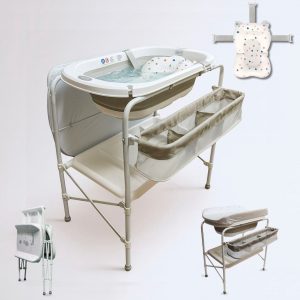 Bañera bebé plegable con soporte + cambiador + cesta almacenaje + cojín reductor, color Blanco y Gris