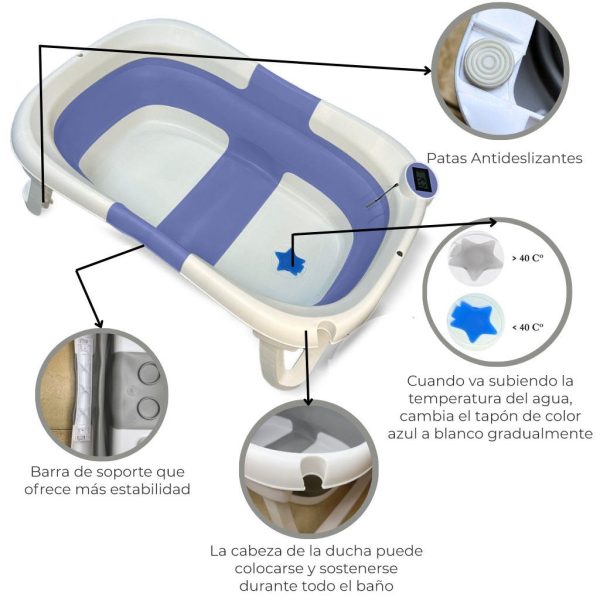 Bañera Bebé Plegable con Termómetro y Cojín Reductor | Color Azul | Características