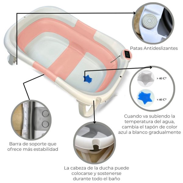 Bañera Bebé Plegable con Termómetro y Cojín Reductor | Color Rosa | Características