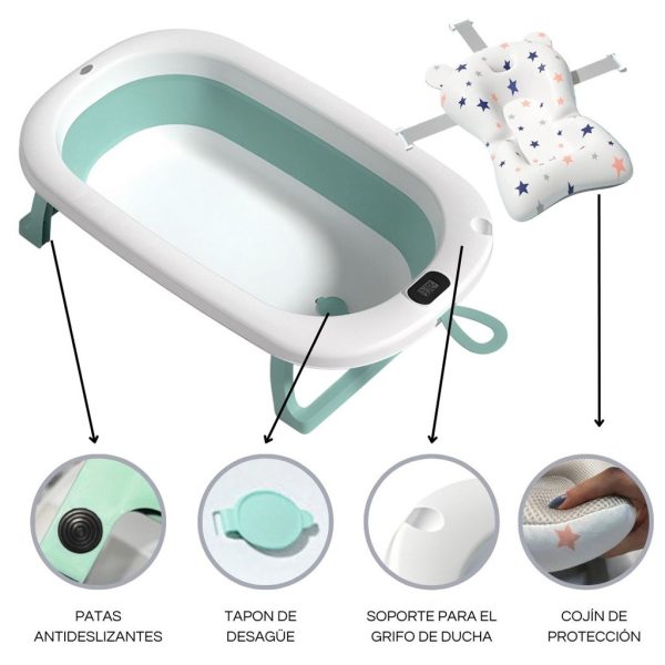 Bañera Bebé Plegable Simple con Termómetro y Cojín Reductor | Color Verde | Más Características
