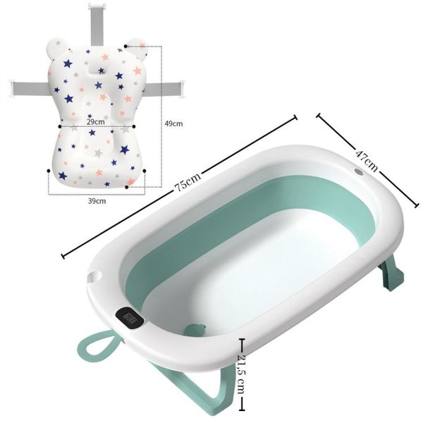 Bañera Bebé Plegable Simple con Termómetro y Cojín Reductor | Color Verde | Medidas