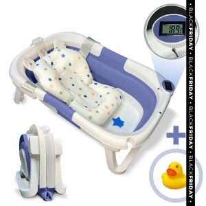 Bañera bebé plegable OASIS con termómetro y cojín reductor, color azul