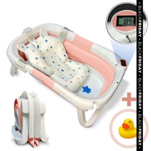 Bañera bebé plegable OASIS con termómetro y cojín reductor, color rosa