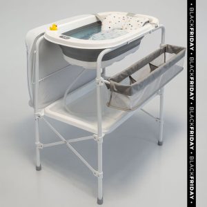 Bañera bebé plegable CLOUD con soporte + cambiador + cesta almacenaje +  cojín reductor, color Blanco y Gris