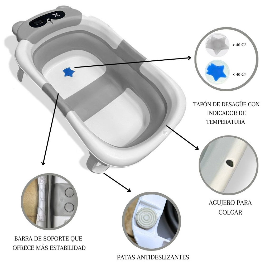Bañera Bebé Plegable con Termómetro y Cojín Reductor | Modelo Oso | Color Gris | Características