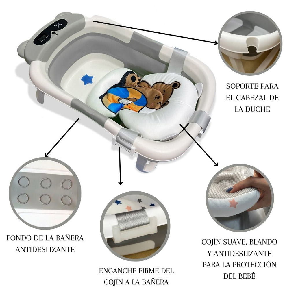 Bañera Bebé Plegable con Termómetro y Cojín Reductor | Modelo Oso | Color Gris | Más Características