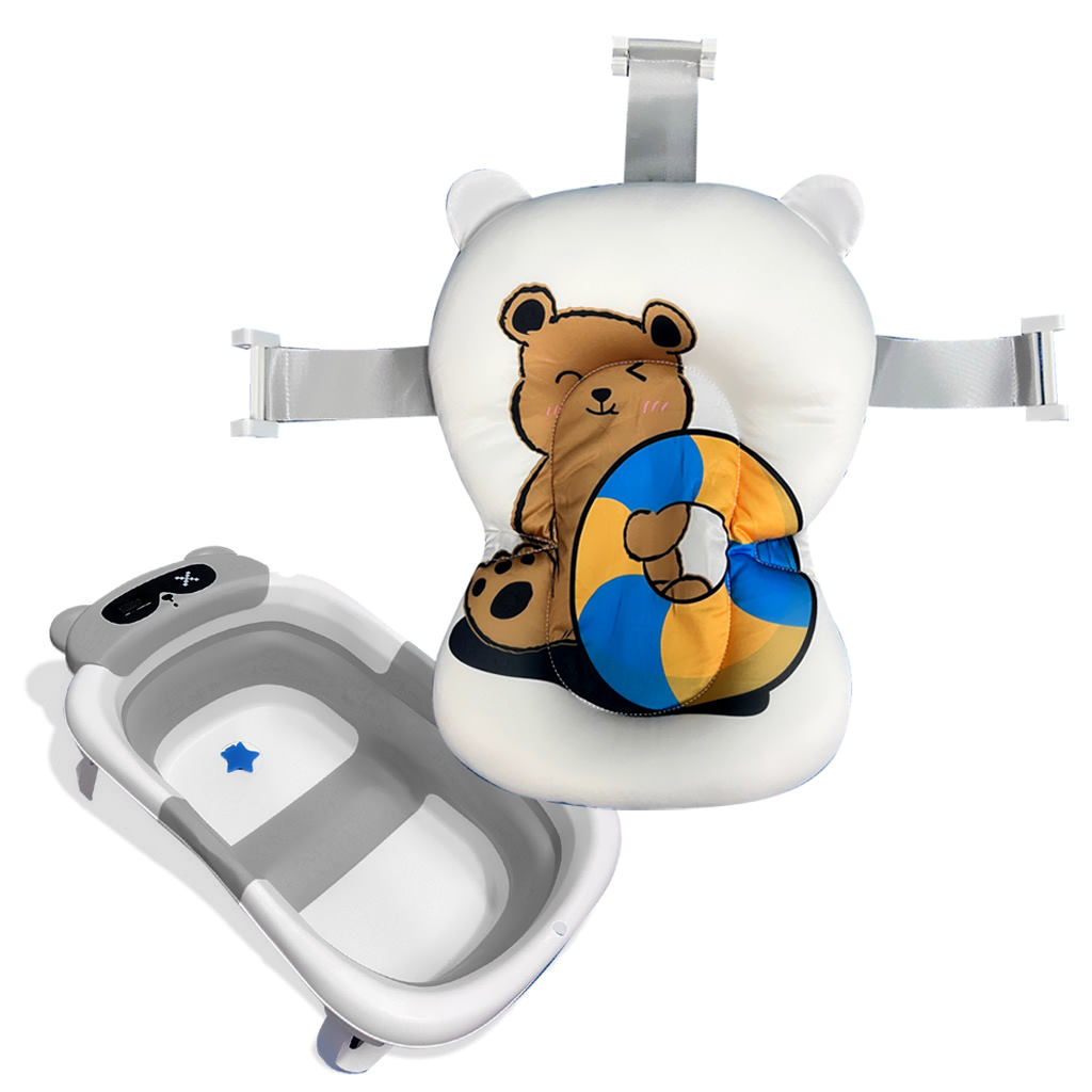 Bañera Bebé Plegable con Termómetro y Cojín Reductor | Modelo Oso | Color Gris | Detalle Cojín Oso