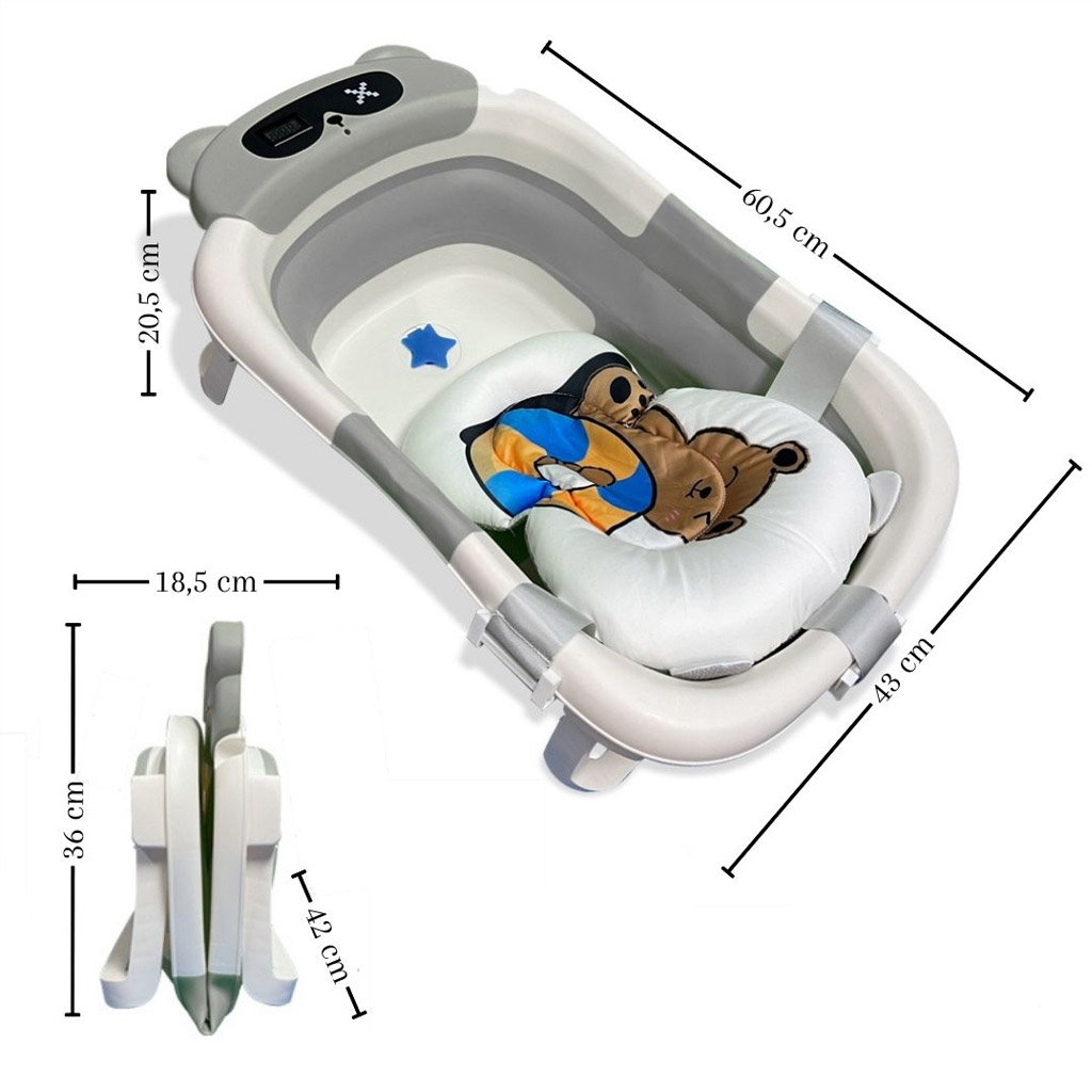Bañera Bebé Plegable con Termómetro y Cojín Reductor | Modelo Oso | Color Gris | Medidas