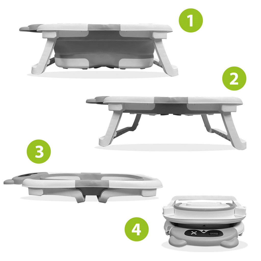 Bañera Bebé Plegable con Termómetro y Cojín Reductor | Modelo Oso | Color Gris | Pasos Plegado