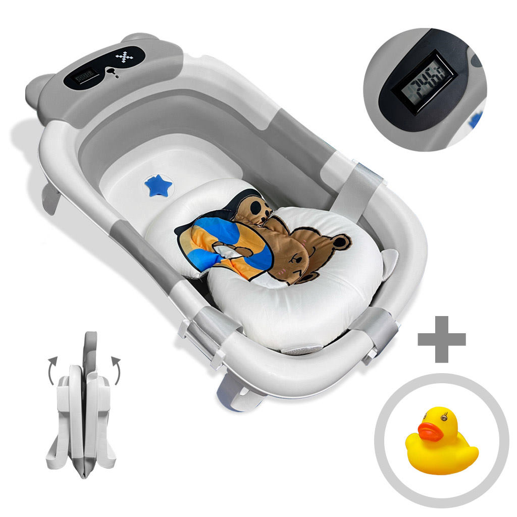 Bañera Bebé Plegable con Termómetro y Cojín Reductor | Modelo Oso | Color Gris