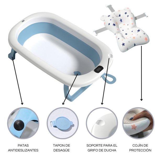 Bañera Bebé Plegable Simple con Termómetro y Cojín Reductor | Color Azul | Plegada | Más Características