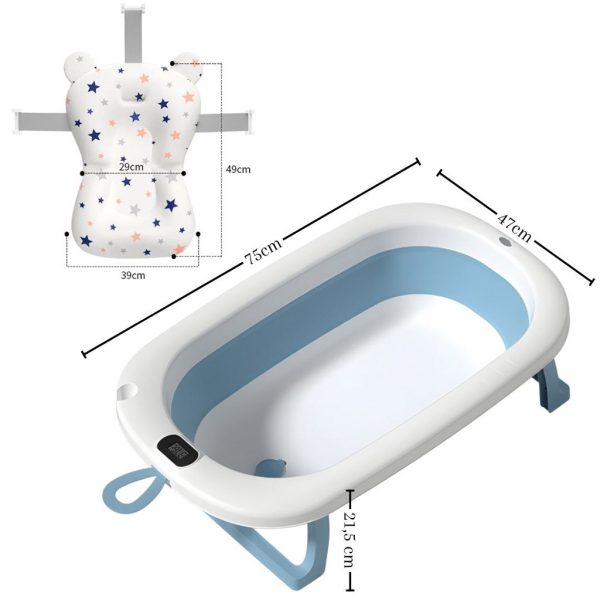 Bañera Bebé Plegable Simple con Termómetro y Cojín Reductor | Color Azul | Plegada | Medidas