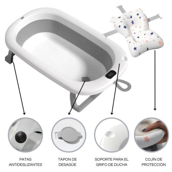 Bañera Bebé Plegable Simple con Termómetro y Cojín Reductor | Color Gris | Más Características