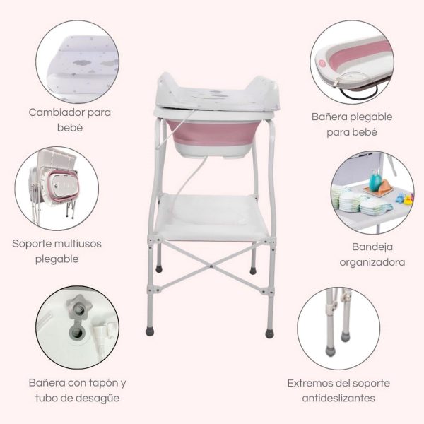 Bañera bebé plegable con soporte y cambiador, color Blanco y Rosa | Características