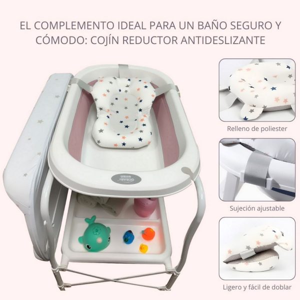 Bañera bebé plegable con soporte y cambiador + cojín reductor, color Blanco y Rosa | Detalle del Cojín Reductor