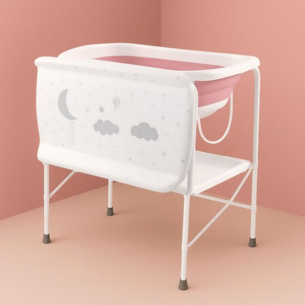 Bañera bebé plegable con soporte y cambiador + cojín reductor, color Blanco y Rosa | Detalle Bañera