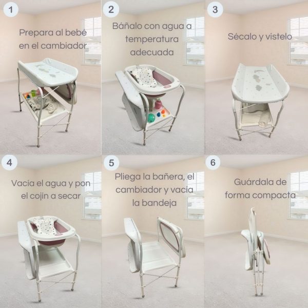Bañera bebé plegable con soporte y cambiador + cojín reductor , color Blanco y Rosa | Pasos para su uso