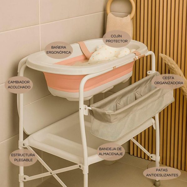 Bañera bebé plegable con soporte + cambiador + cesta almacenaje + cojín reductor, color Blanco y Rosa