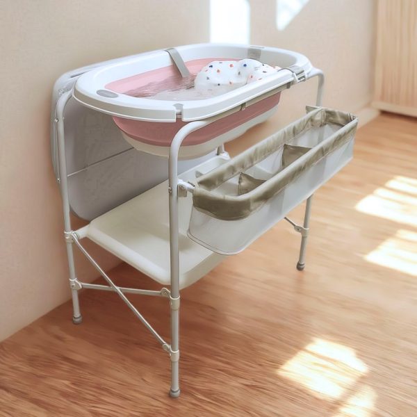 Bañera bebé plegable con soporte + cambiador + cesta almacenaje + cojín reductor, color Blanco y Rosa