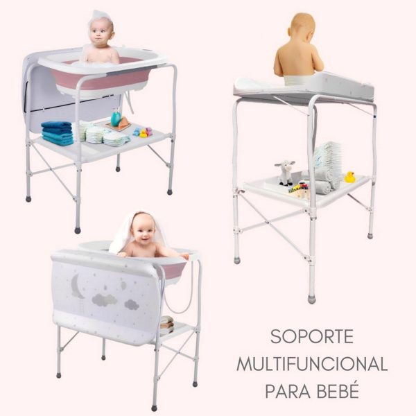 Bañera bebé plegable con soporte y cambiador, color Blanco y Rosa | Detalle Soporte