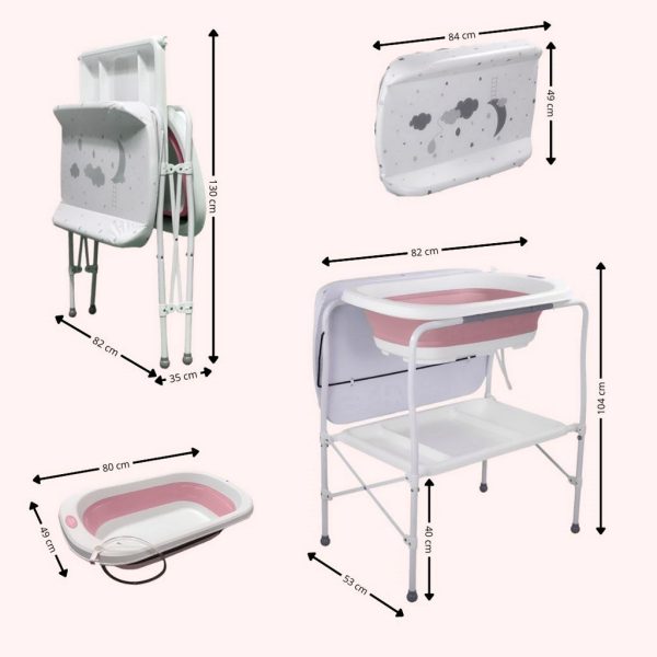Bañera bebé plegable con soporte y cambiador, color Blanco y Rosa | Medidas