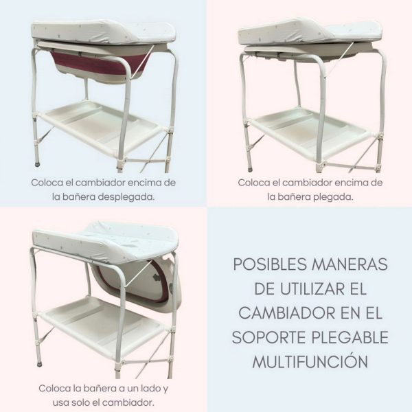 Bañera bebé plegable con soporte y cambiador, color Blanco y Rosa | Usos del Cambiador