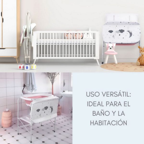 Bañera bebé plegable con soporte y cambiador, color Blanco y Rosa | Uso en Baño y Habitación