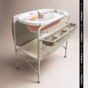 Bañera bebé plegable CLOUD con soporte + cambiador + cesta almacenaje +  cojín reductor, color blanco y rosa