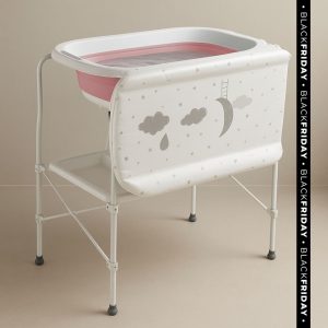 Bañera bebé plegable CLOUD multifunción con soporte + cambiador, color Blanco y Rosa