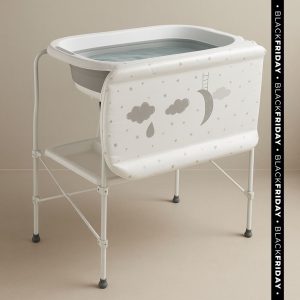 Bañera bebé plegable CLOUD multifunción con soporte + cambiador, color Blanco y Gris