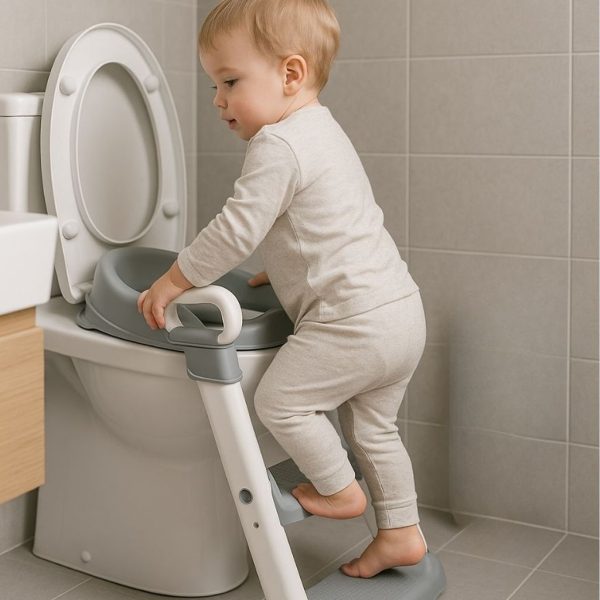Adaptador WC infantil con escalera, color gris y blanco | Uso Niño en Baño