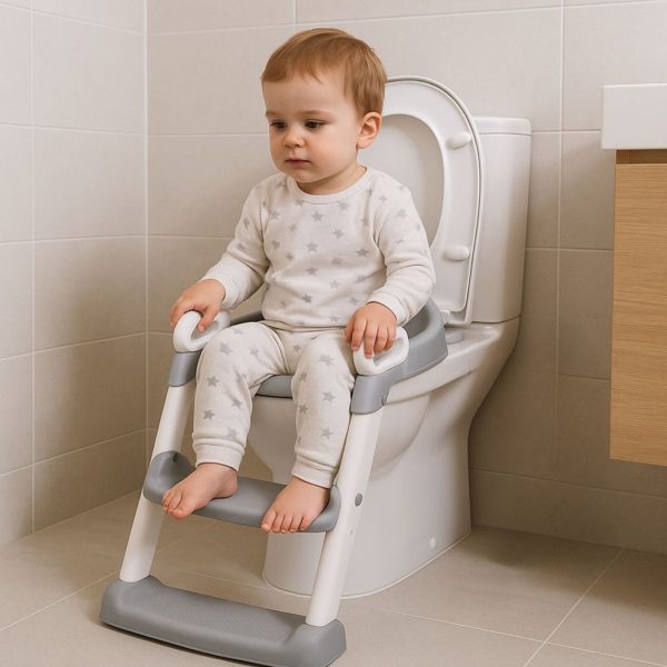Adaptador WC infantil con escalera, color gris y blanco | Uso Niño Sentado