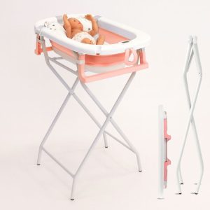 Bañera bebé plegable con soporte + cojín reductor, color blanco y rosa