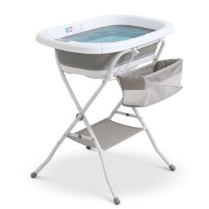Bañera bebé plegable con soporte + cesta de almacenamiento, color Blanco y Gris