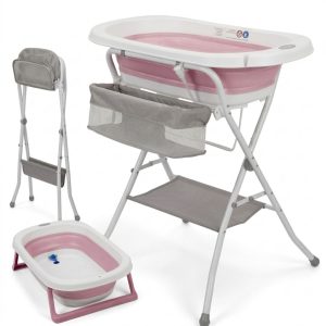 Bañera bebé plegable con soporte + cesta de almacenamiento, color Blanco y Rosa