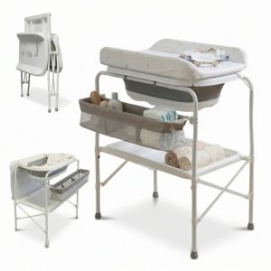 Bañera bebé plegable CLOUD con soporte + termómetro + cambiador + cesta almacenaje +  cojín reductor, color Blanco y Gris