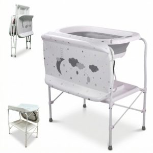 Bañera bebé plegable CLOUD multifunción con soporte + cambiador, color Blanco y Gris