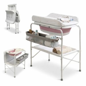 Bañera bebé plegable CLOUD con soporte + termómetro + cambiador + cesta almacenaje +  cojín reductor, color blanco y rosa
