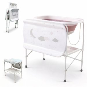 Bañera bebé plegable CLOUD multifunción con soporte + cambiador, color Blanco y Rosa