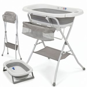 Bañera bebé plegable con soporte + cesta de almacenamiento, color Blanco y Gris