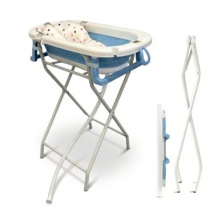 Bañera bebé plegable con soporte + cojín reductor, color blanco y azul