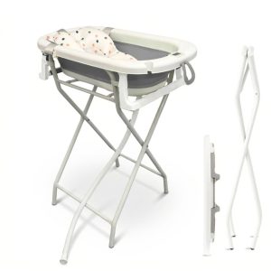 Bañera bebé plegable con soporte + cojín reductor, color blanco y gris