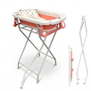 Bañera bebé plegable con soporte + cojín reductor, color blanco y rosa