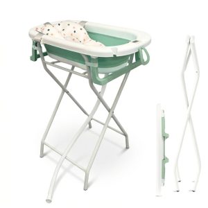 Bañera bebé plegable con soporte + cojín reductor, color blanco y verde