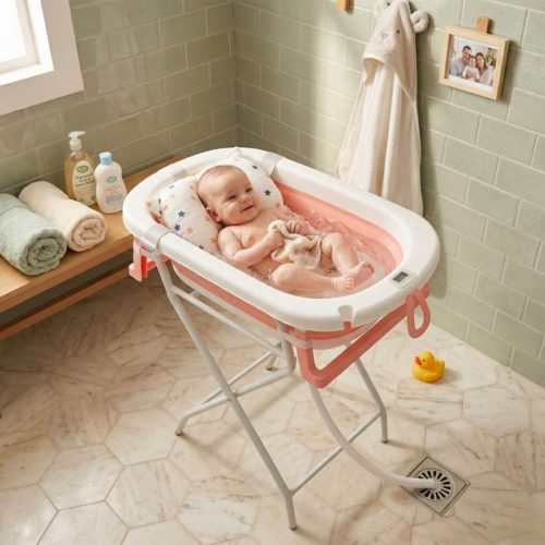 Bañera bebé plegable ESENCIAL PREMIUM con termómetro + soporte + cojín reductor, rosa | Detalle Bebé en Bañera