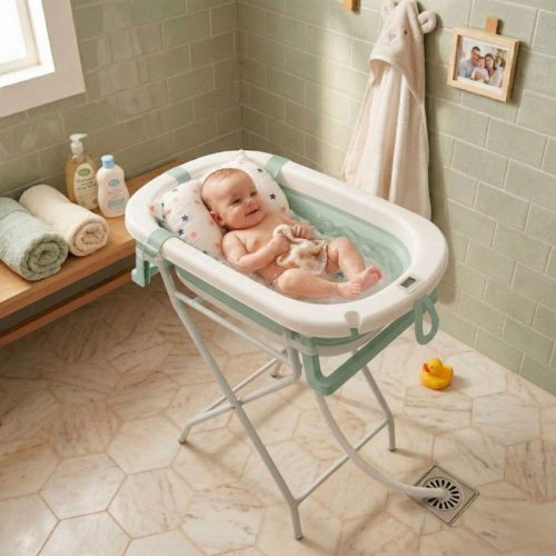 Bañera bebé plegable ESENCIAL PREMIUM con termómetro + soporte + cojín reductor, verde | Detalle Bebé en Bañera