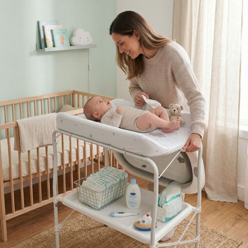 Bañera bebé plegable STANDAR con termómetro + soporte + cambiador, gris | Detalle Uso Bebé
