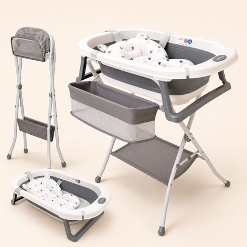 Bañera bebé plegable LUJO con soporte + cesta almacenaje, gris | Detalle Principal