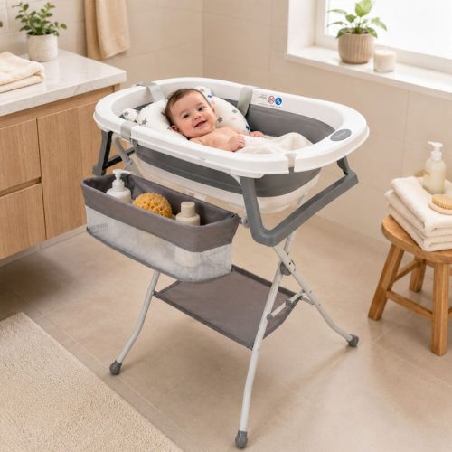 Bañera bebé plegable LUJO con soporte + cesta almacenaje, gris | Detalle Bebé en Bañera
